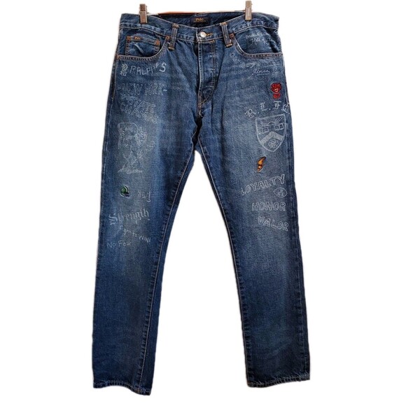 Polo Ralph Lauren Mens 32x32 Varick Slim Straight Patch Distressed Jeans Sports - Picture 1 of 15